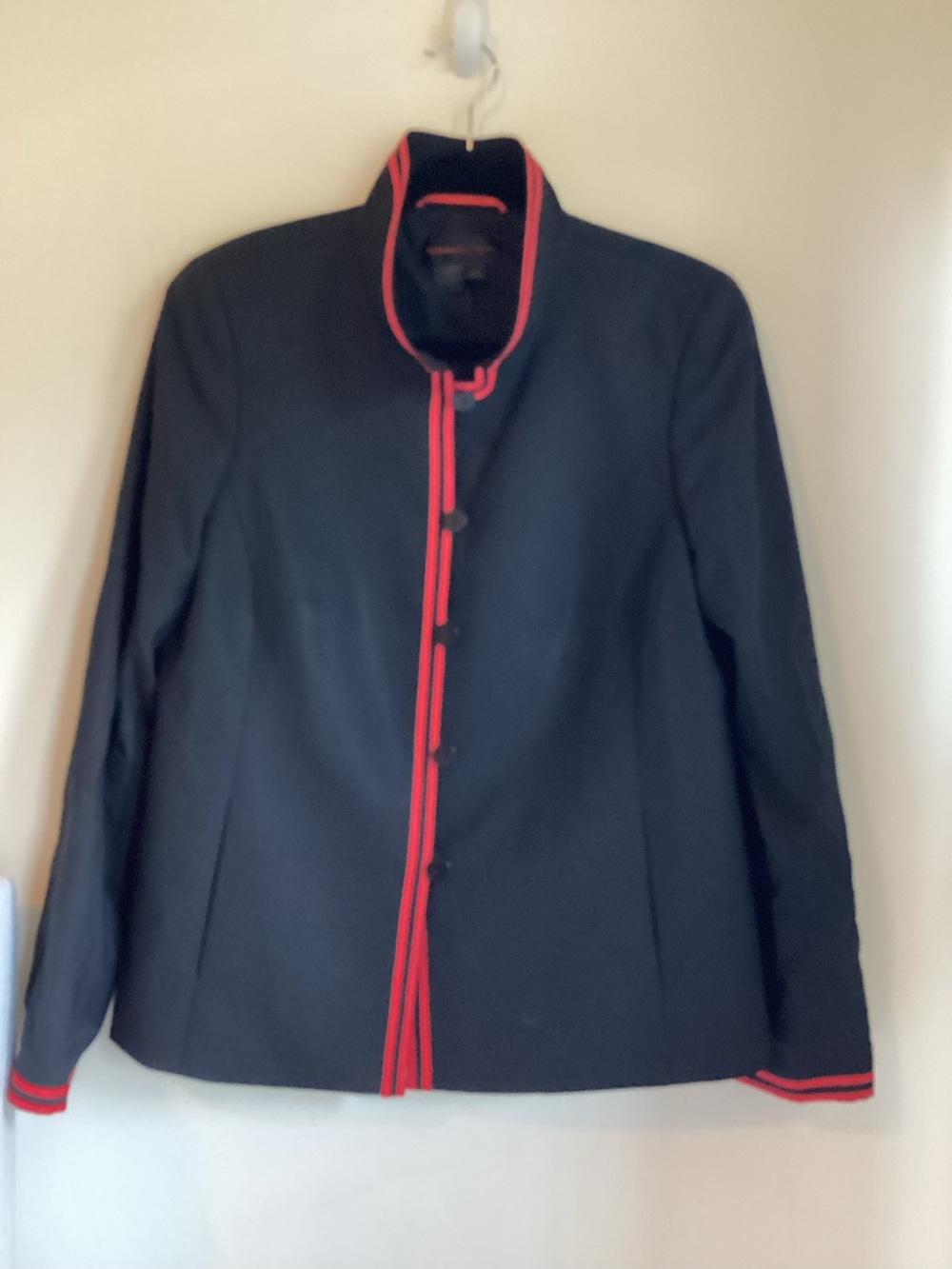 Nina McLemore Jacket Blazer Size 8 Navy Blue Red Piping Mandarin Collar